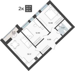 2-к квартира, вторичка, 59м2, 1/10 этаж