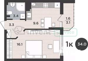 1-к квартира, вторичка, 34м2, 4/9 этаж