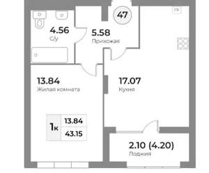 1-к квартира, вторичка, 43м2, 4/7 этаж
