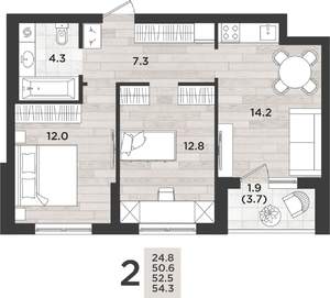 2-к квартира, вторичка, 53м2, 1/12 этаж