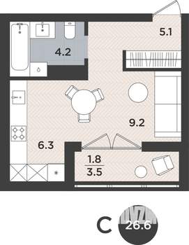 1-к квартира, вторичка, 27м2, 4/9 этаж