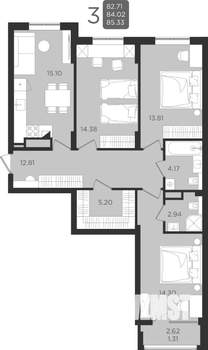 3-к квартира, строящийся дом, 84м2, 1/9 этаж