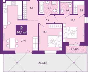 2-к квартира, вторичка, 80м2, 1/4 этаж