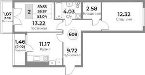 2-к квартира, вторичка, 56м2, 6/10 этаж