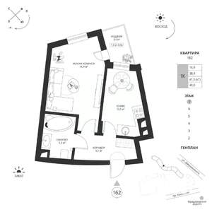1-к квартира, вторичка, 40м2, 7/7 этаж