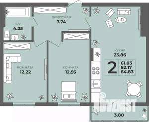 2-к квартира, вторичка, 62м2, 1/8 этаж