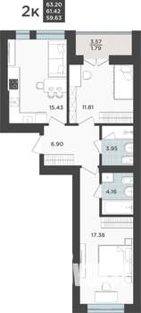 2-к квартира, вторичка, 61м2, 1/10 этаж