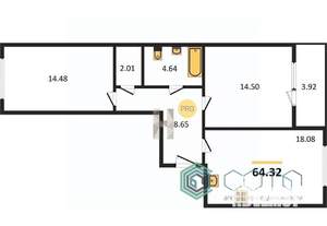 2-к квартира, вторичка, 64м2, 1/8 этаж