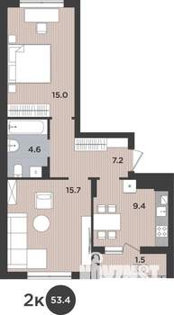 2-к квартира, вторичка, 53м2, 3/9 этаж