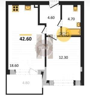 1-к квартира, вторичка, 43м2, 4/4 этаж