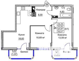 2-к квартира, вторичка, 59м2, 7/9 этаж
