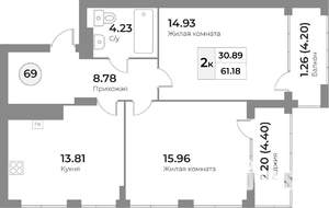 2-к квартира, строящийся дом, 61м2, 4/7 этаж