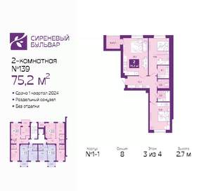 2-к квартира, сданный дом, 76м2, 3/4 этаж