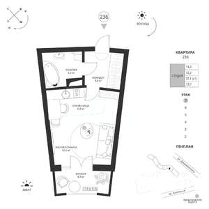 Студия квартира, вторичка, 34м2, 7/7 этаж