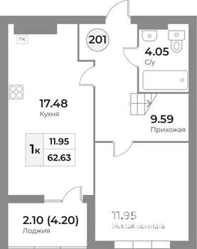1-к квартира, вторичка, 63м2, 7/7 этаж