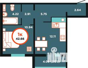 1-к квартира, строящийся дом, 43м2, 9/9 этаж