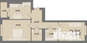 2-к квартира, строящийся дом, 60м2, 6/9 этаж