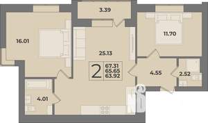 2-к квартира, строящийся дом, 67м2, 1/9 этаж