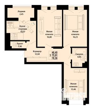 3-к квартира, строящийся дом, 78м2, 10/10 этаж