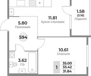 1-к квартира, вторичка, 33м2, 2/10 этаж