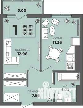 1-к квартира, строящийся дом, 37м2, 8/8 этаж