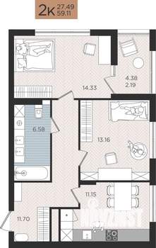 2-к квартира, строящийся дом, 59м2, 2/10 этаж