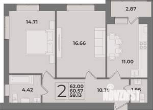 2-к квартира, вторичка, 62м2, 1/9 этаж