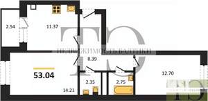 2-к квартира, вторичка, 53м2, 1/9 этаж