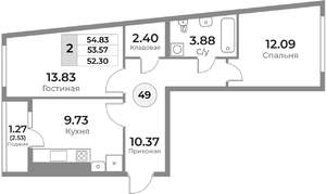 2-к квартира, вторичка, 54м2, 3/10 этаж