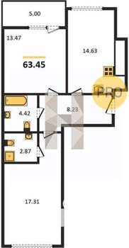 2-к квартира, вторичка, 63м2, 1/9 этаж