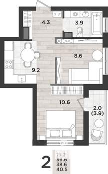 2-к квартира, вторичка, 39м2, 8/14 этаж