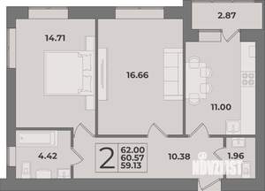 2-к квартира, вторичка, 62м2, 1/9 этаж