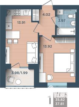 1-к квартира, строящийся дом, 38м2, 3/4 этаж