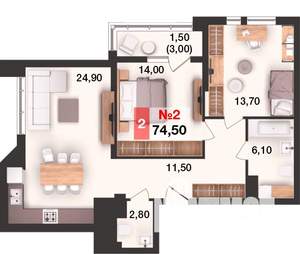 2-к квартира, вторичка, 75м2, 2/15 этаж