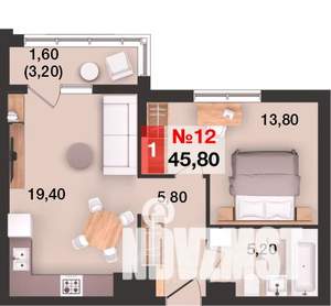 1-к квартира, строящийся дом, 46м2, 6/15 этаж