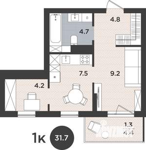 1-к квартира, вторичка, 32м2, 7/9 этаж