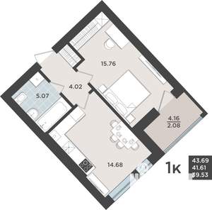 1-к квартира, строящийся дом, 42м2, 2/10 этаж