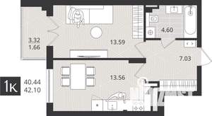 1-к квартира, строящийся дом, 40м2, 3/4 этаж