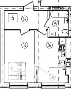 1-к квартира, строящийся дом, 35м2, 1/9 этаж