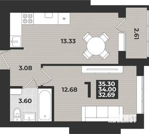 1-к квартира, вторичка, 35м2, 3/9 этаж