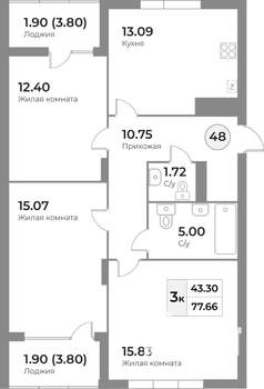 3-к квартира, строящийся дом, 78м2, 4/7 этаж