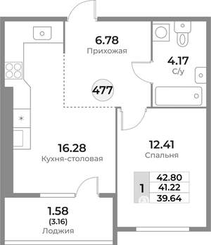 1-к квартира, вторичка, 41м2, 3/10 этаж