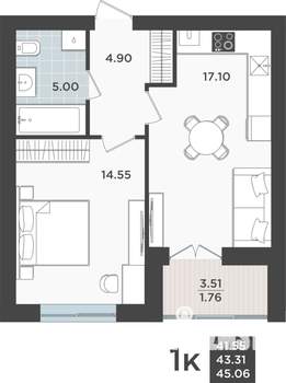 1-к квартира, строящийся дом, 43м2, 6/10 этаж