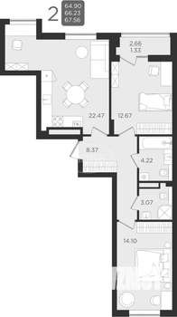 2-к квартира, вторичка, 65м2, 7/9 этаж