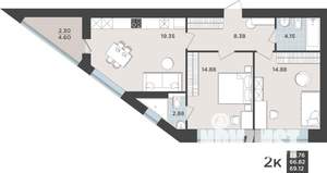 2-к квартира, вторичка, 67м2, 1/9 этаж