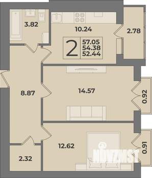 2-к квартира, строящийся дом, 57м2, 9/9 этаж