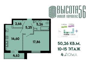1-к квартира, сданный дом, 50м2, 14/15 этаж
