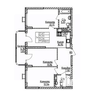 3-к квартира, строящийся дом, 73м2, 2/9 этаж