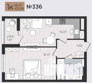 1-к квартира, строящийся дом, 43м2, 4/10 этаж