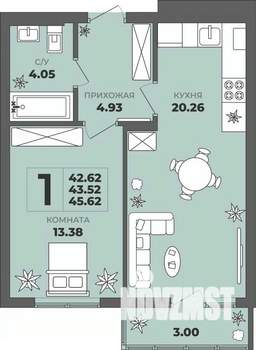 1-к квартира, строящийся дом, 44м2, 6/8 этаж
